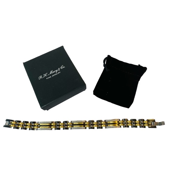 R.H. Macy Mens Two Toned Stainless Steel Metal Link Diamond Bracelet 9” Long - Picture 6 of 16